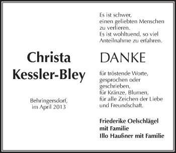 Traueranzeige von Christa Kessler-Bley von Pegnitz-Zeitung